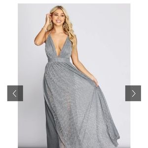 Gray Metallic Long Formal Evening Dress